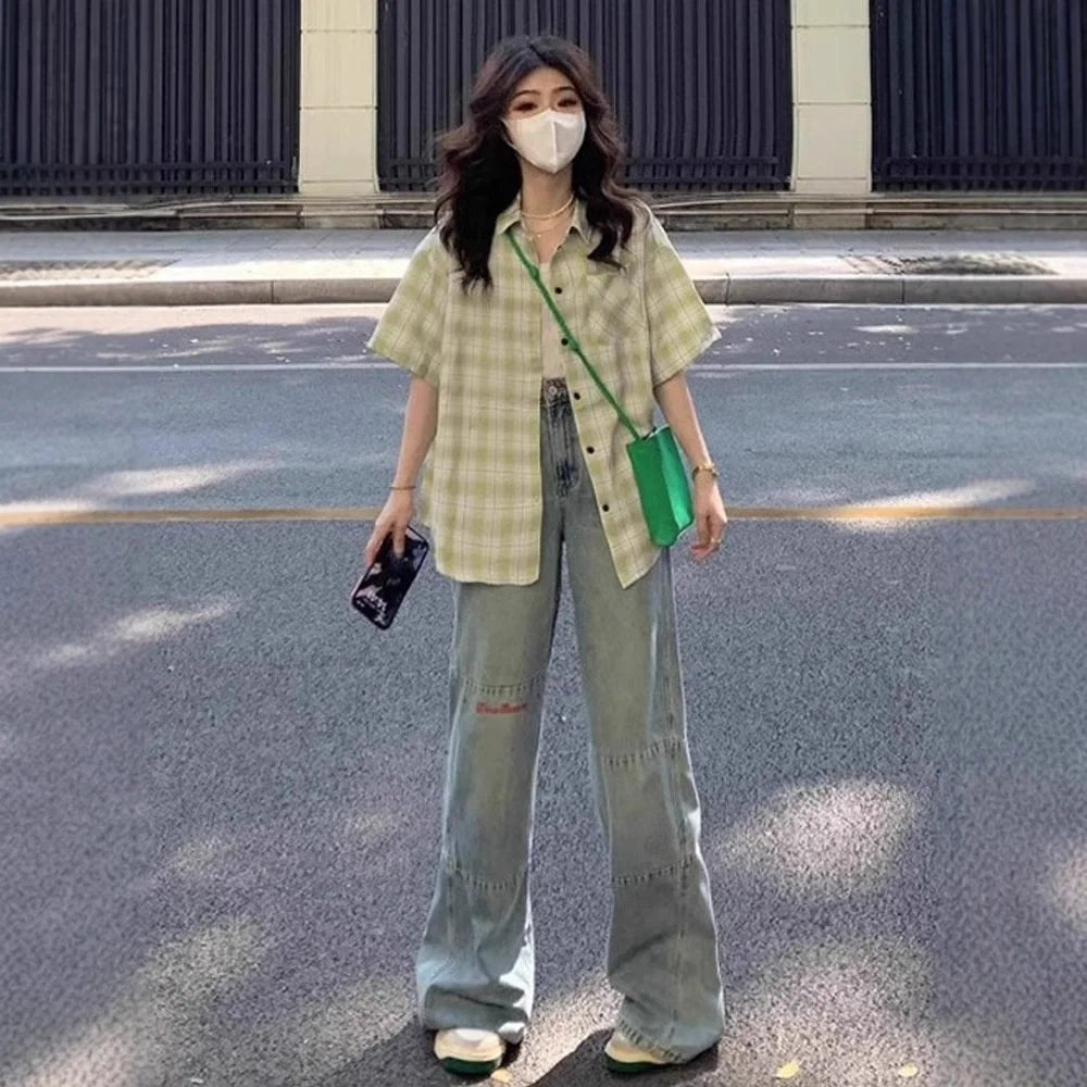 Women's 2025 New Summer Korean Style Short - Sleeve Plaid Shacket Unique Design Small - Batch Blouse - Zeprah