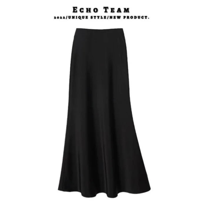 Women's Acetate Satin Midi Skirt - 2025 Spring & Summer New Style, Flowy A - Line Mermaid Hem, Office - Friendly Korean Design - Zeprah