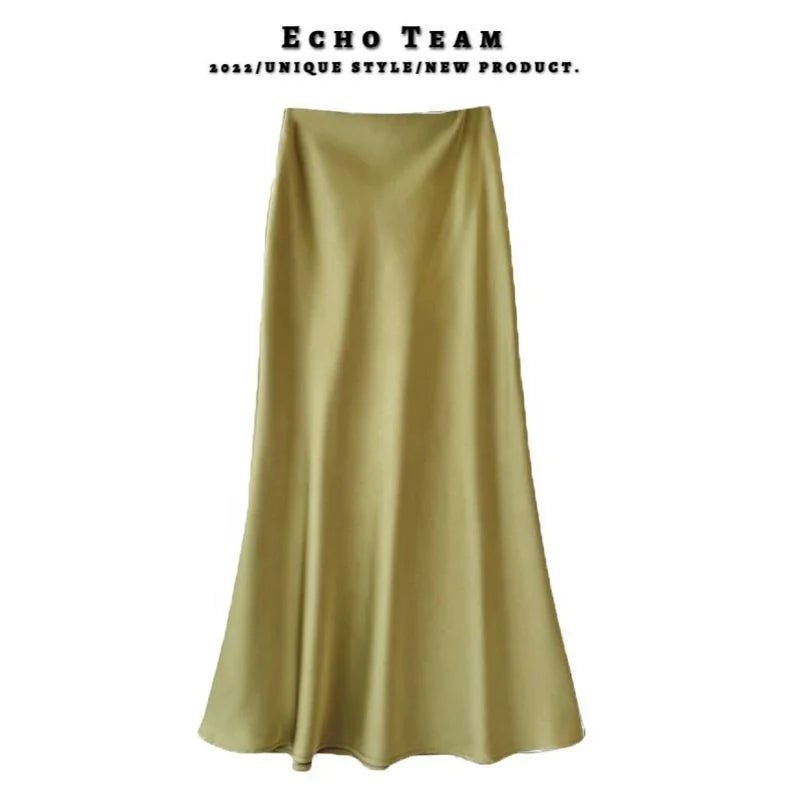 Women's Acetate Satin Midi Skirt - 2025 Spring & Summer New Style, Flowy A - Line Mermaid Hem, Office - Friendly Korean Design - Zeprah