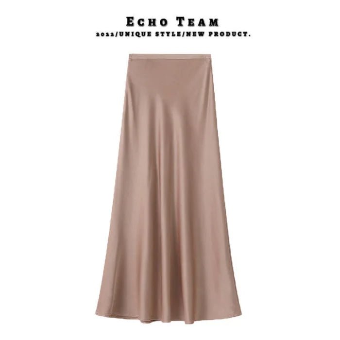 Women's Acetate Satin Midi Skirt - Spring & Summer New Style, Flowy A - Line Mermaid Hem, Office - Friendly Korean Design - Zeprah