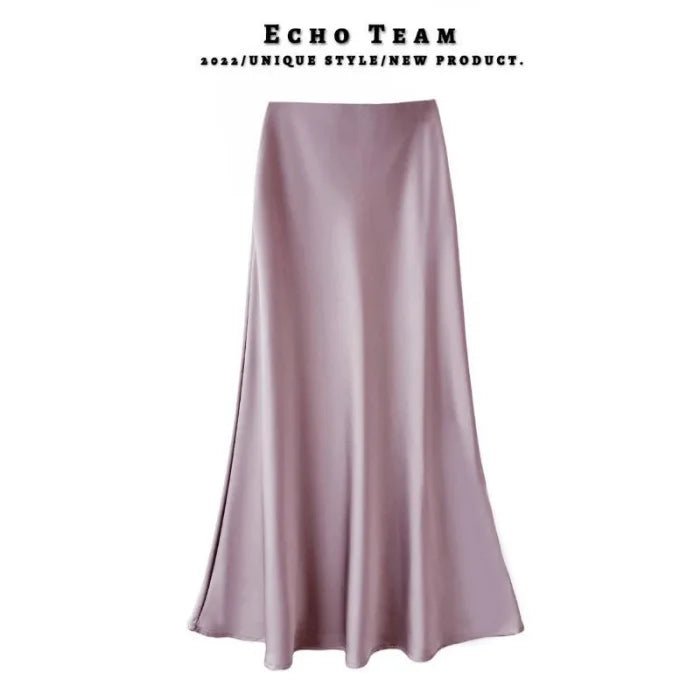 Women's Acetate Satin Midi Skirt - Spring & Summer New Style, Flowy A - Line Mermaid Hem, Office - Friendly Korean Design - Zeprah