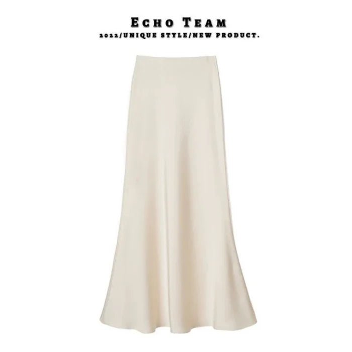 Women's Acetate Satin Midi Skirt - Spring & Summer New Style, Flowy A - Line Mermaid Hem, Office - Friendly Korean Design - Zeprah