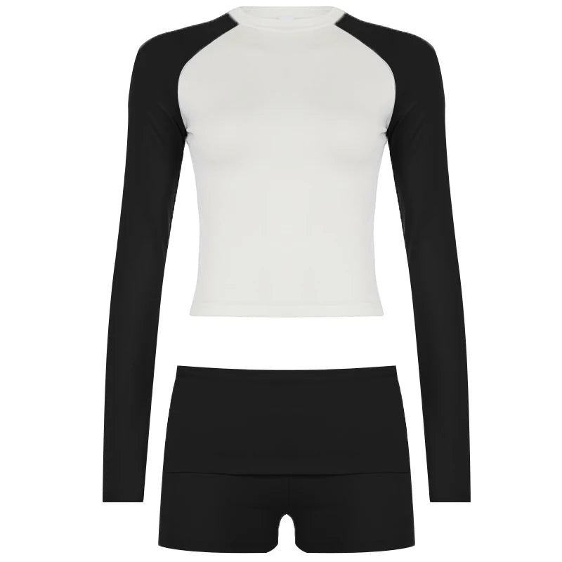 Women's Athletic Two Piece Set Solid Washed Long Sleeve Raglan Tee Knee Skinny Fit Casual Shorts Knitting Breathable Quick - Dry - Zeprah