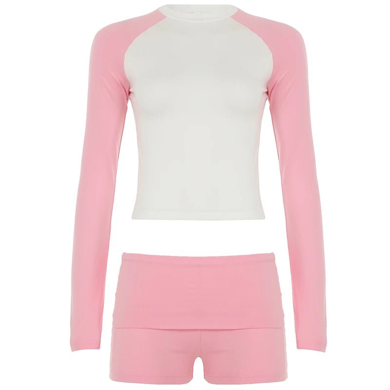 Women's Athletic Two Piece Set Solid Washed Long Sleeve Raglan Tee Knee Skinny Fit Casual Shorts Knitting Breathable Quick - Dry - Zeprah