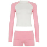 Women's Athletic Two Piece Set Solid Washed Long Sleeve Raglan Tee Knee Skinny Fit Casual Shorts Knitting Breathable Quick - Dry - Zeprah