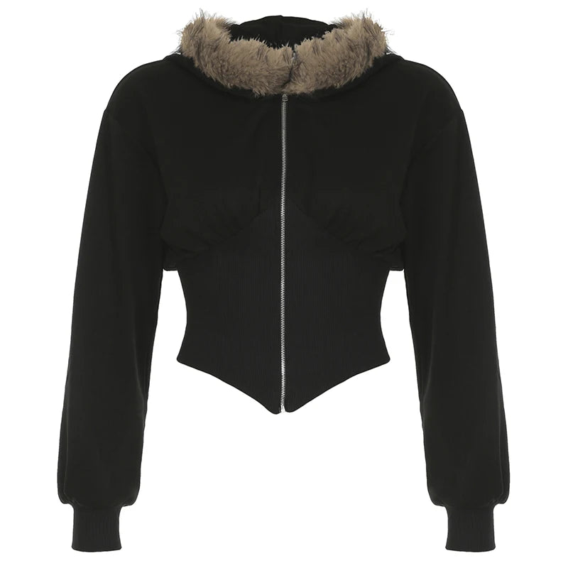 Women's Autumn Black Short Knitted Plush Fleece Gothic Hoodie Front Casual Slim - Fit Sporty Pullover Warm Hooded - Zeprah