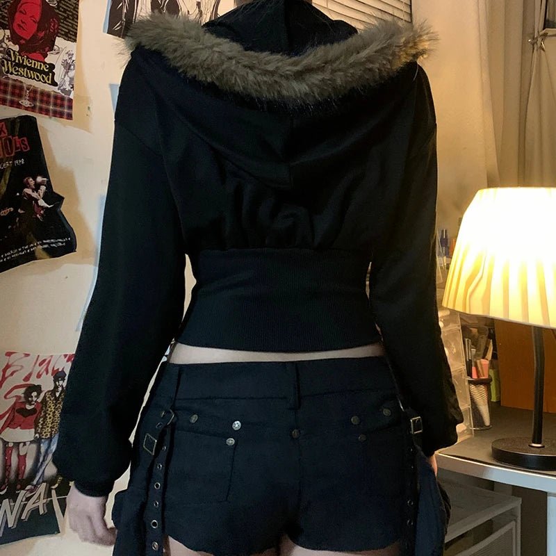 Women's Autumn Black Short Knitted Plush Fleece Gothic Hoodie Front Casual Slim - Fit Sporty Pullover Warm Hooded - Zeprah