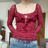 Women's Autumn Breathable Washed Knitted Sweet Floral Print Slim Fit Blouse Square Neck Long Sleeve Top Ruffle Tie Detail - Zeprah