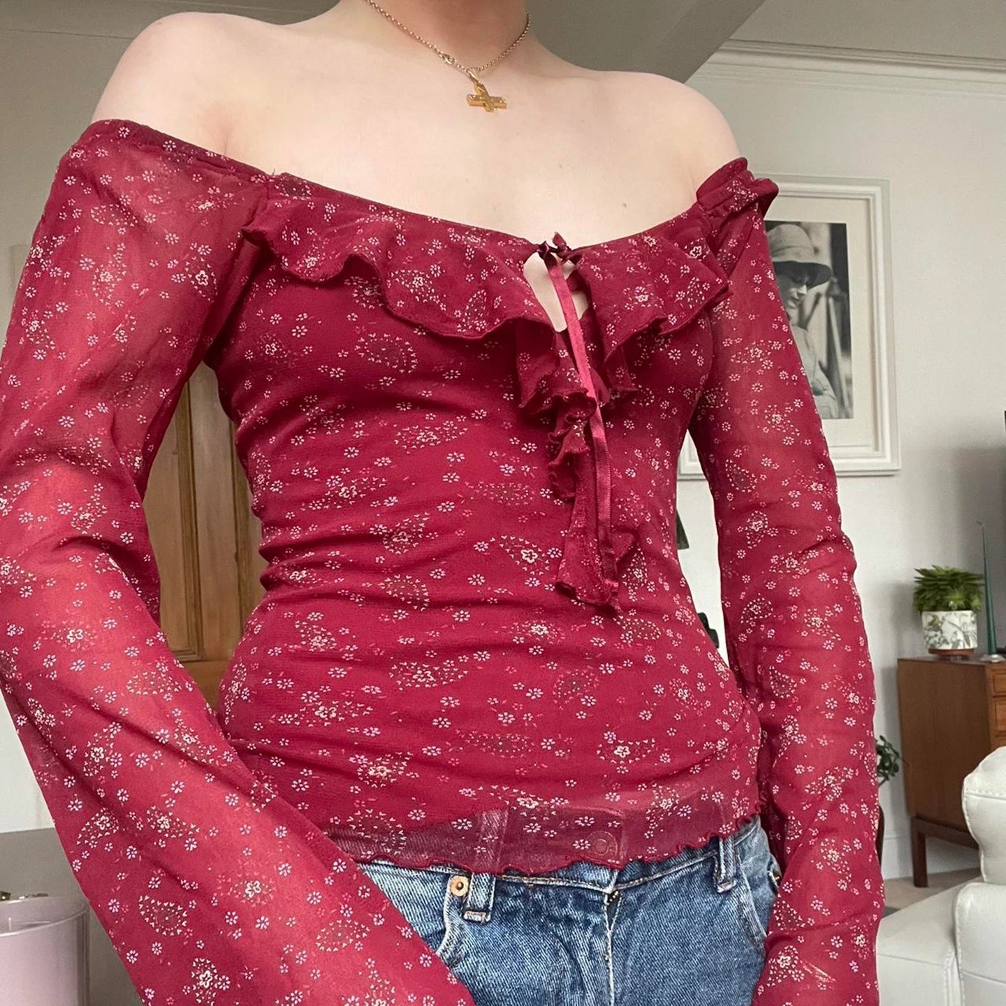 Women's Autumn Breathable Washed Knitted Sweet Floral Print Slim Fit Blouse Square Neck Long Sleeve Top Ruffle Tie Detail - Zeprah