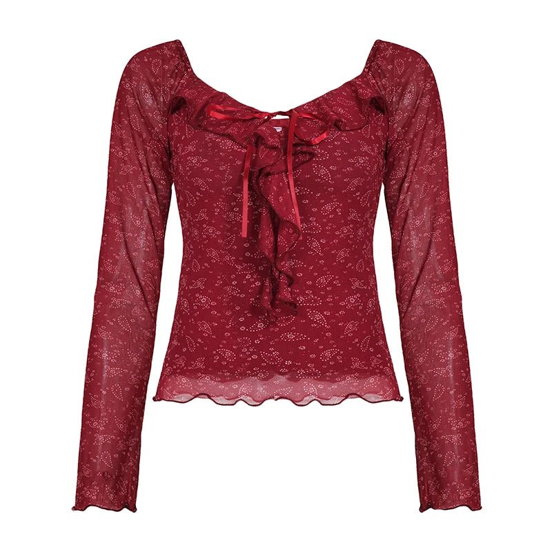 Women's Autumn Breathable Washed Knitted Sweet Floral Print Slim Fit Blouse Square Neck Long Sleeve Top Ruffle Tie Detail - Zeprah