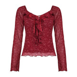 Women's Autumn Breathable Washed Knitted Sweet Floral Print Slim Fit Blouse Square Neck Long Sleeve Top Ruffle Tie Detail - Zeprah