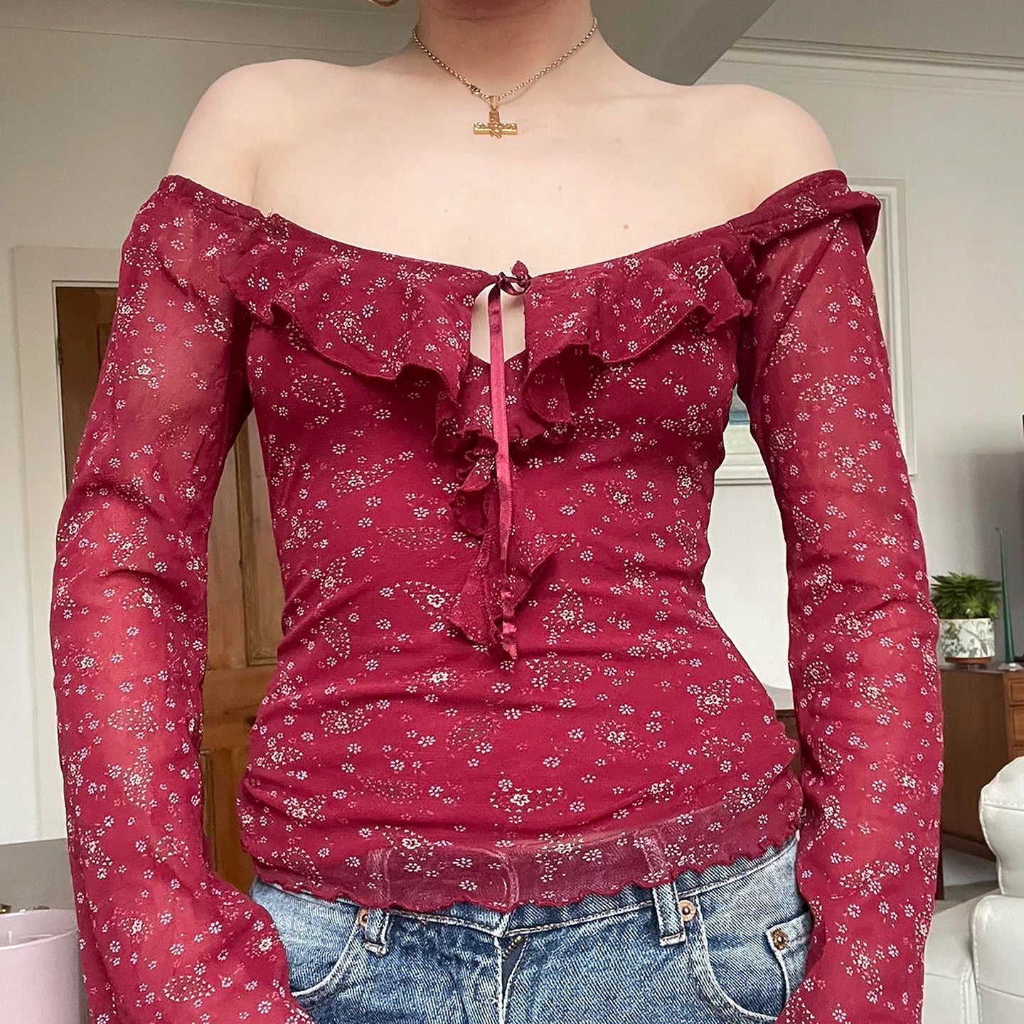 Women's Autumn Breathable Washed Knitted Sweet Floral Print Slim Fit Blouse Square Neck Long Sleeve Top Ruffle Tie Detail - Zeprah