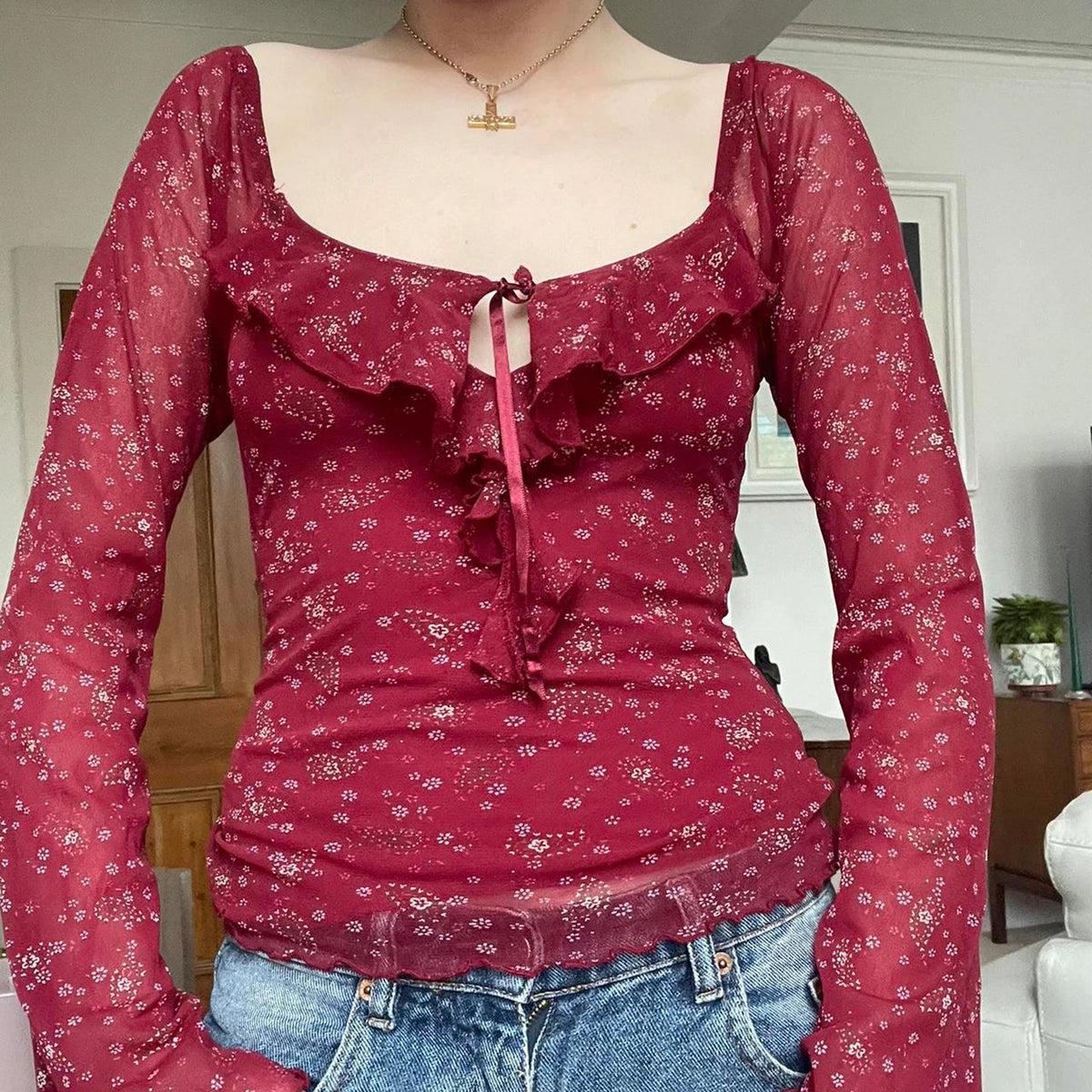 Women's Autumn Breathable Washed Knitted Sweet Floral Print Slim Fit Blouse Square Neck Long Sleeve Top Ruffle Tie Detail - Zeprah