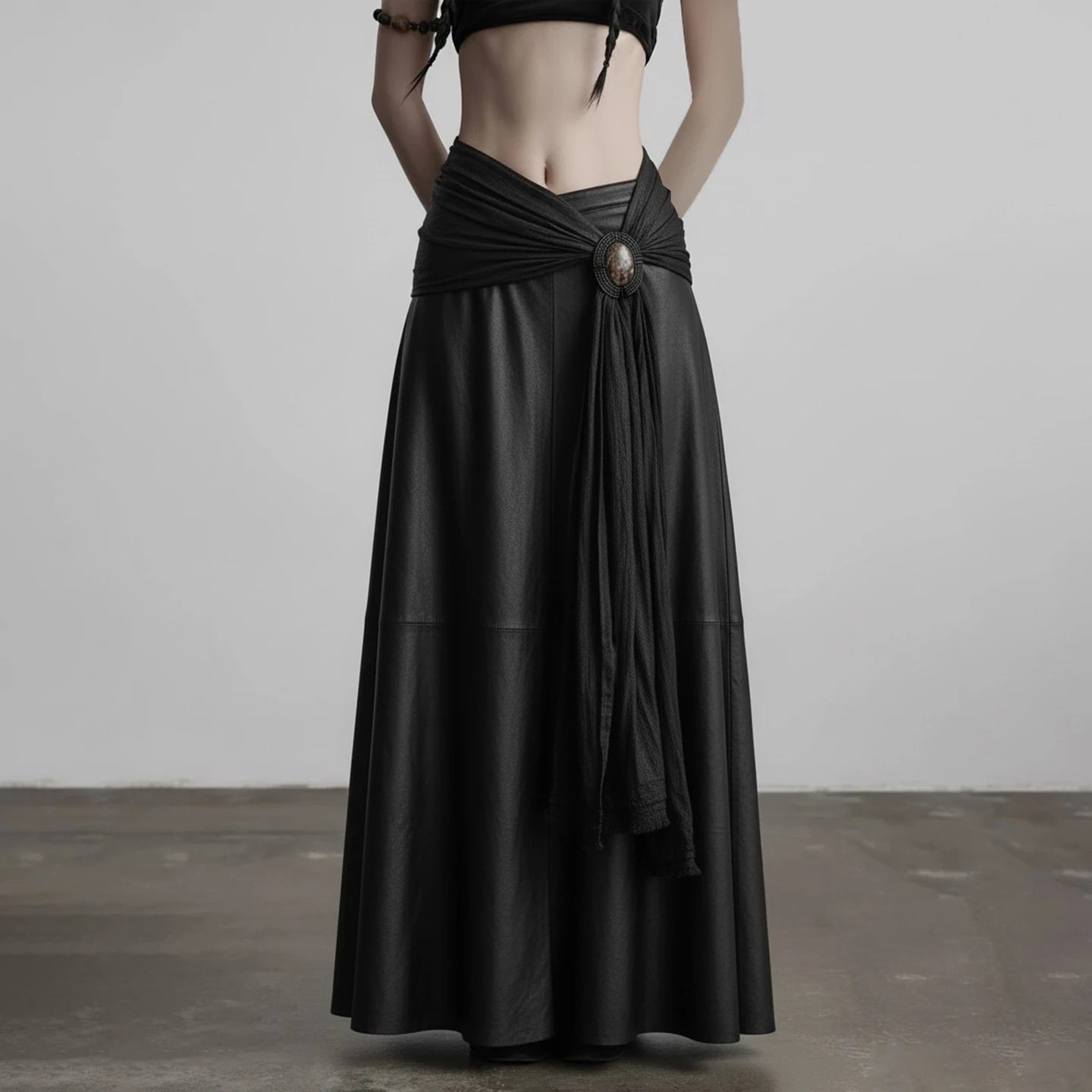 Women's Autumn Dropped Waist Maxi Black A - Line Skirt Woven Attached Decorative Belt Eco - Friendly Anti - Pilling - Zeprah
