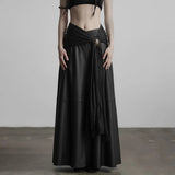 Women's Autumn Dropped Waist Maxi Black A - Line Skirt Woven Attached Decorative Belt Eco - Friendly Anti - Pilling - Zeprah