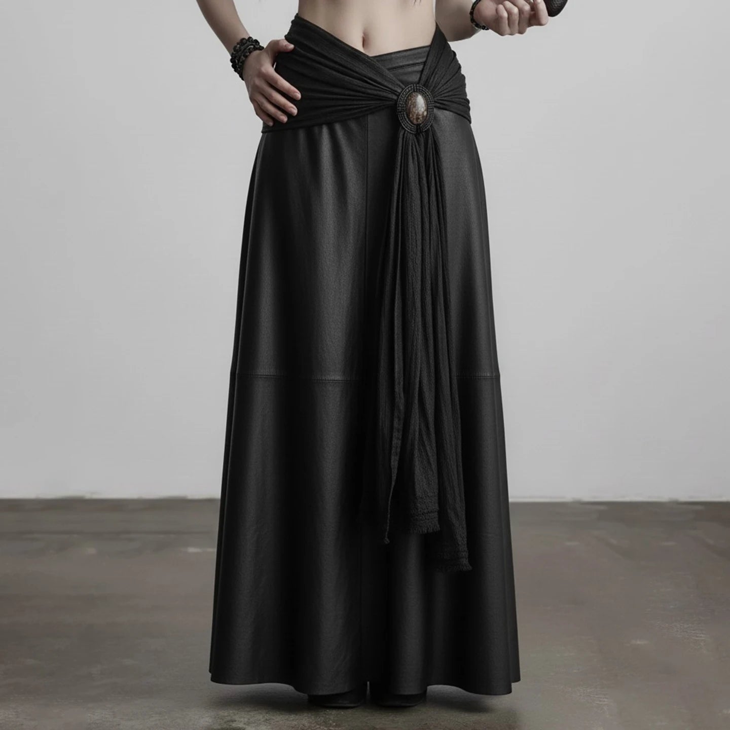 Women's Autumn Dropped Waist Maxi Black A - Line Skirt Woven Attached Decorative Belt Eco - Friendly Anti - Pilling - Zeprah