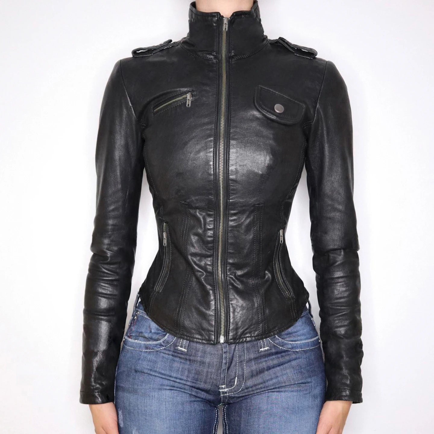 Women's Autumn Faux Leather Button Biker Jacket Solid Color Motorbike Style Zip - Up Slim Fit Waist Defining Eco - Friendly Faux Fur - Zeprah