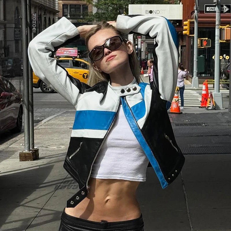 Women's Autumn Racing Jacket Short Zip Button Biker Style Stand Collar Woven Color Block Leather Blend Casual Chic Waterproof - Zeprah