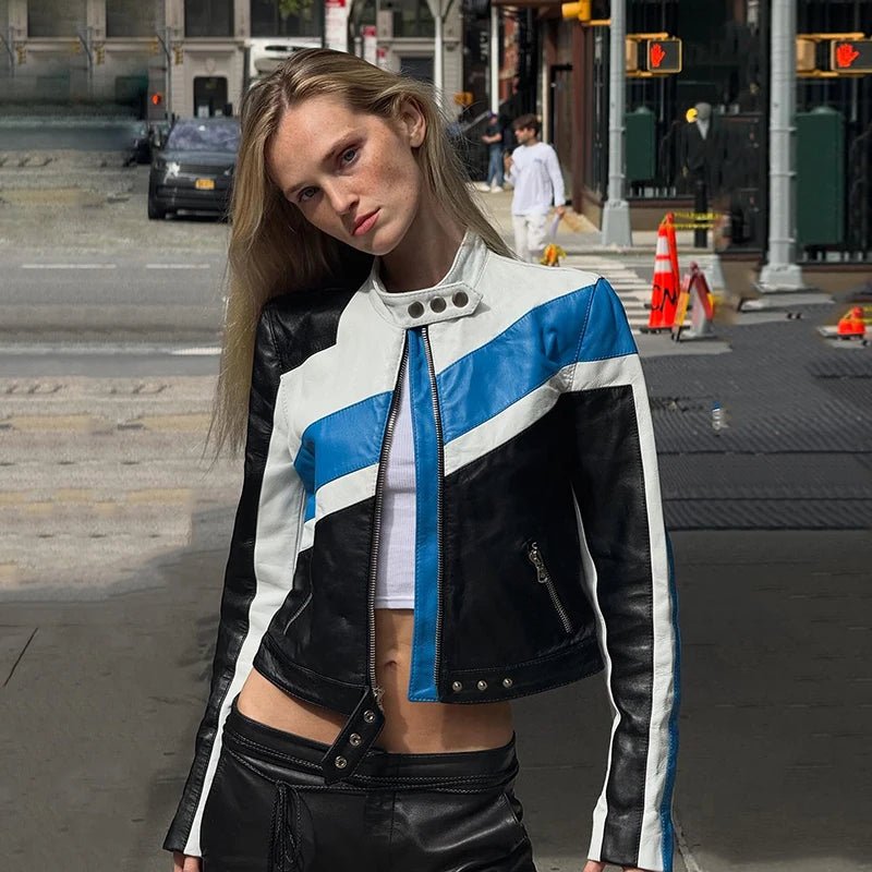 Women's Autumn Racing Jacket Short Zip Button Biker Style Stand Collar Woven Color Block Leather Blend Casual Chic Waterproof - Zeprah