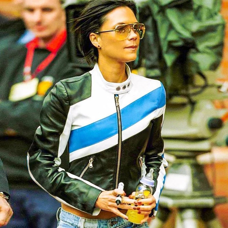 Women's Autumn Racing Jacket Short Zip Button Biker Style Stand Collar Woven Color Block Leather Blend Casual Chic Waterproof - Zeprah