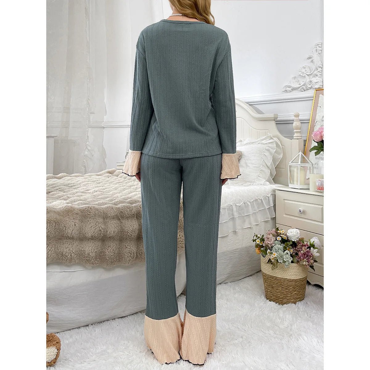 Women's Autumn Winter Jacquard Pajamas New Long Sleeve Long Pants Texture Cotton Feel Solid - Zeprah