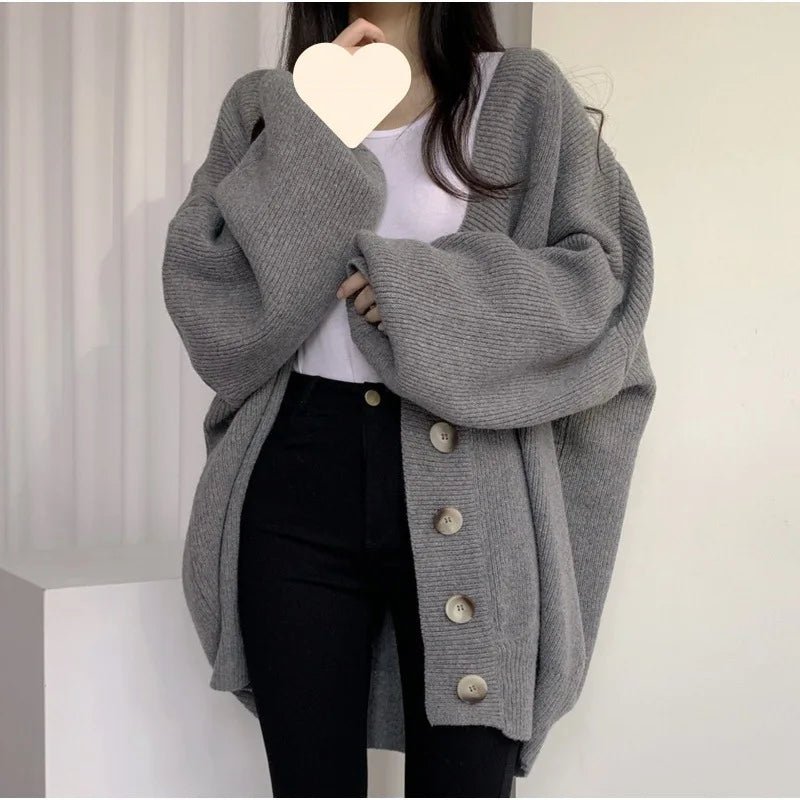 Women's Autumn Winter Long Coat Casual Lazy Style V - Neck Single - Breasted Loose Lantern Sleeve Knitted Cardigan - Zeprah
