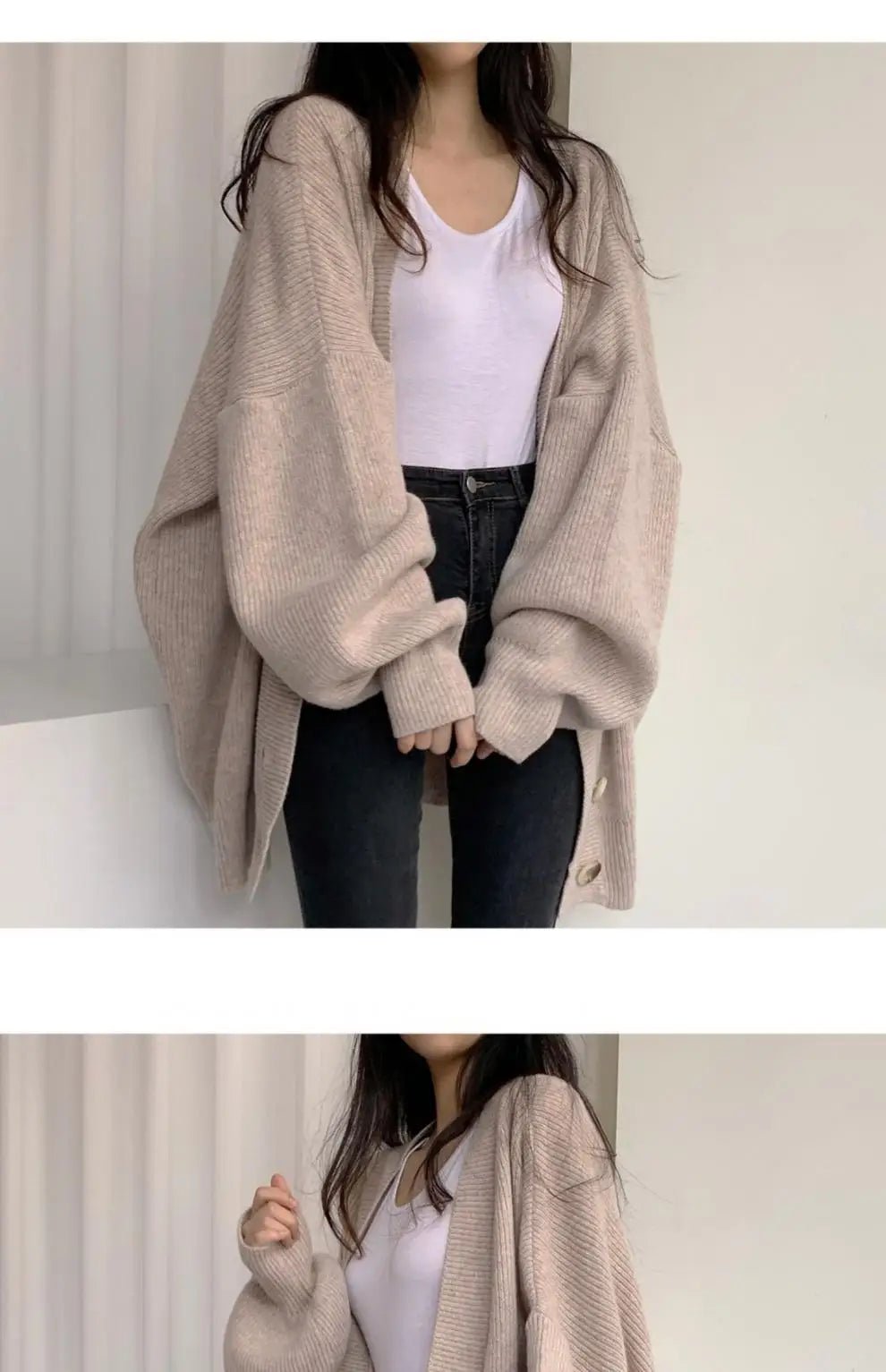 Women's Autumn Winter Long Coat Casual Lazy Style V - Neck Single - Breasted Loose Lantern Sleeve Knitted Cardigan - Zeprah