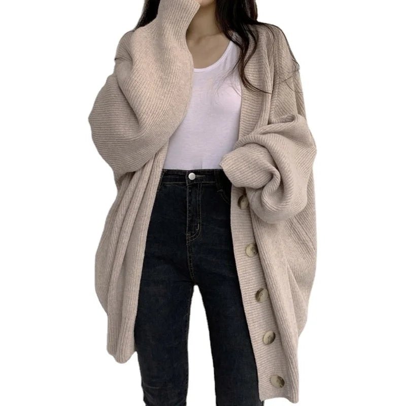 Women's Autumn Winter Long Coat Casual Lazy Style V - Neck Single - Breasted Loose Lantern Sleeve Knitted Cardigan - Zeprah