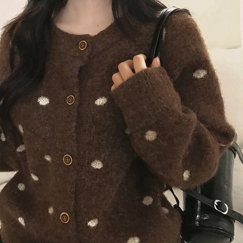 Women's Autumn Winter Soft Chunky Knit Patchwork Sweater Cardigan Vintage Button Crew Neck Front Logo Loose Fit Outerwear - Zeprah