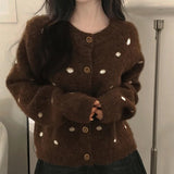 Women's Autumn Winter Soft Chunky Knit Patchwork Sweater Cardigan Vintage Button Crew Neck Front Logo Loose Fit Outerwear - Zeprah