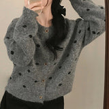 Women's Autumn Winter Soft Chunky Knit Patchwork Sweater Cardigan Vintage Button Crew Neck Front Logo Loose Fit Outerwear - Zeprah