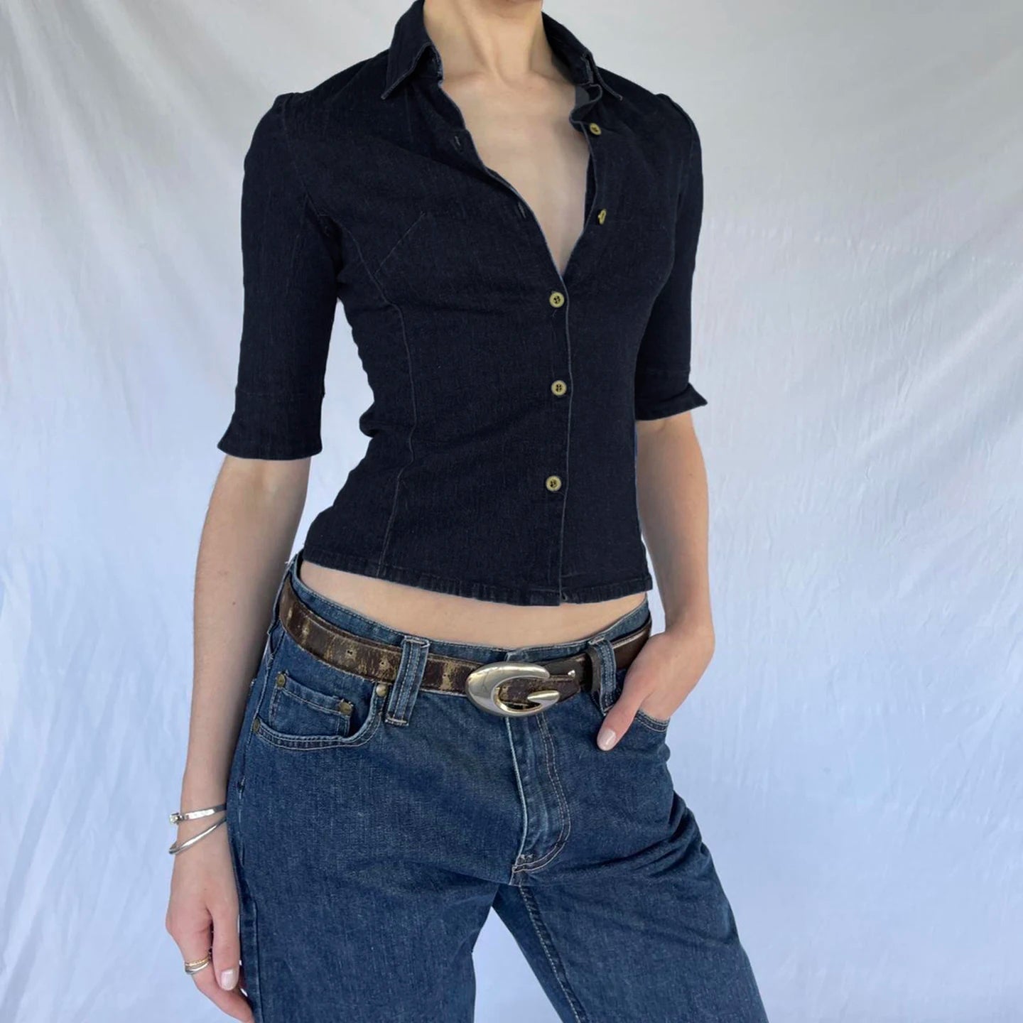 Women's Blue Office Shirt, Denim - Look Button Down Top with Mid - Sleeve, Fitted Career Wear Blouse - Zeprah