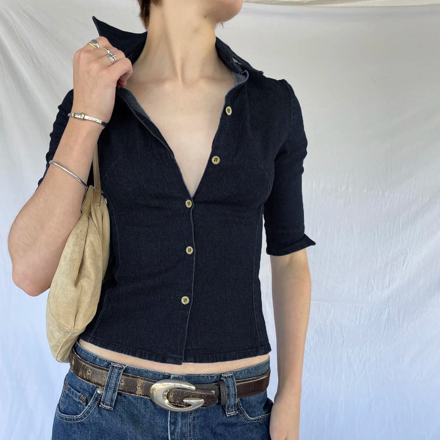 Women's Blue Office Shirt, Denim - Look Button Down Top with Mid - Sleeve, Fitted Career Wear Blouse - Zeprah