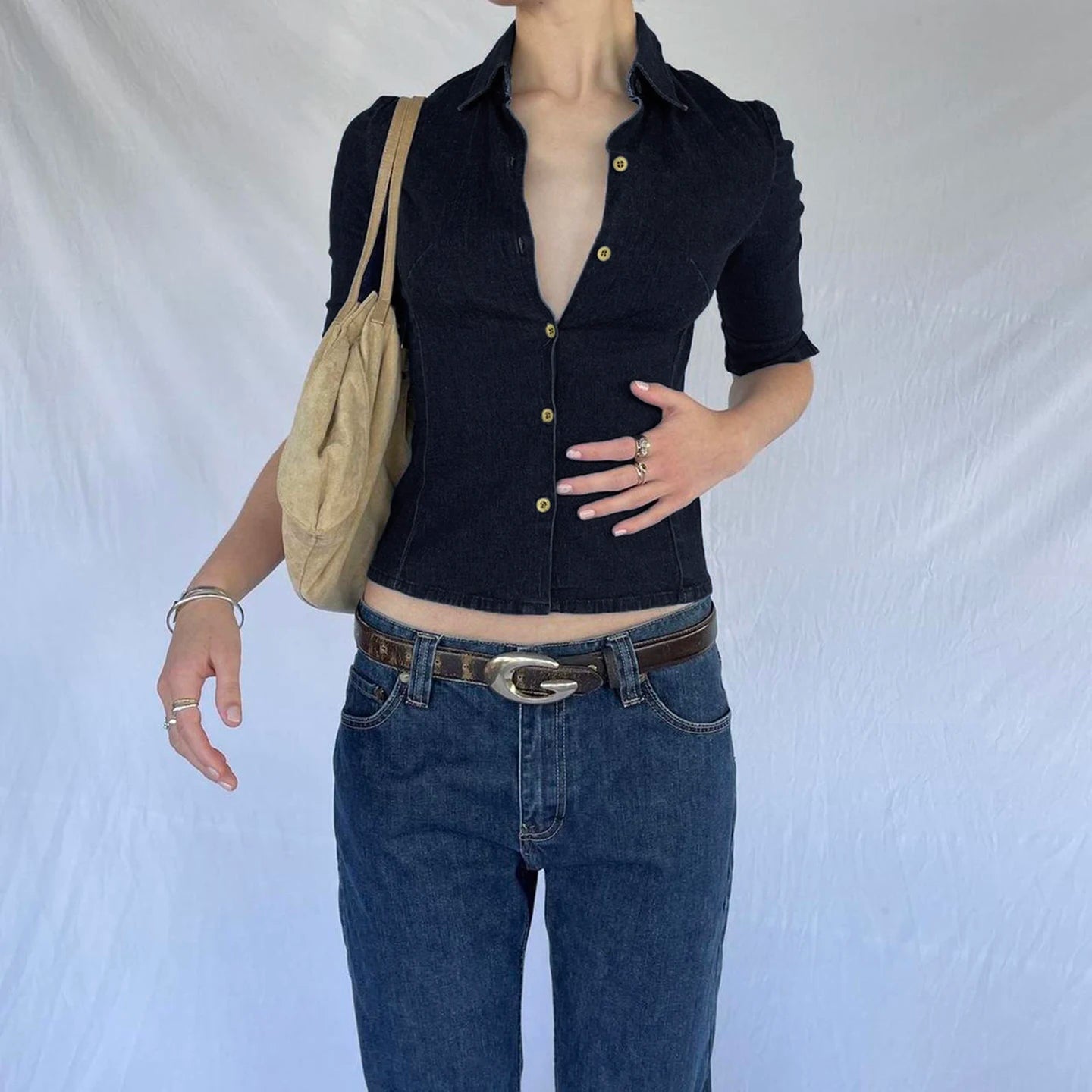 Women's Blue Office Shirt, Denim - Look Button Down Top with Mid - Sleeve, Fitted Career Wear Blouse - Zeprah