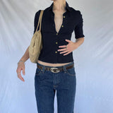 Women's Blue Office Shirt, Denim - Look Button Down Top with Mid - Sleeve, Fitted Career Wear Blouse - Zeprah