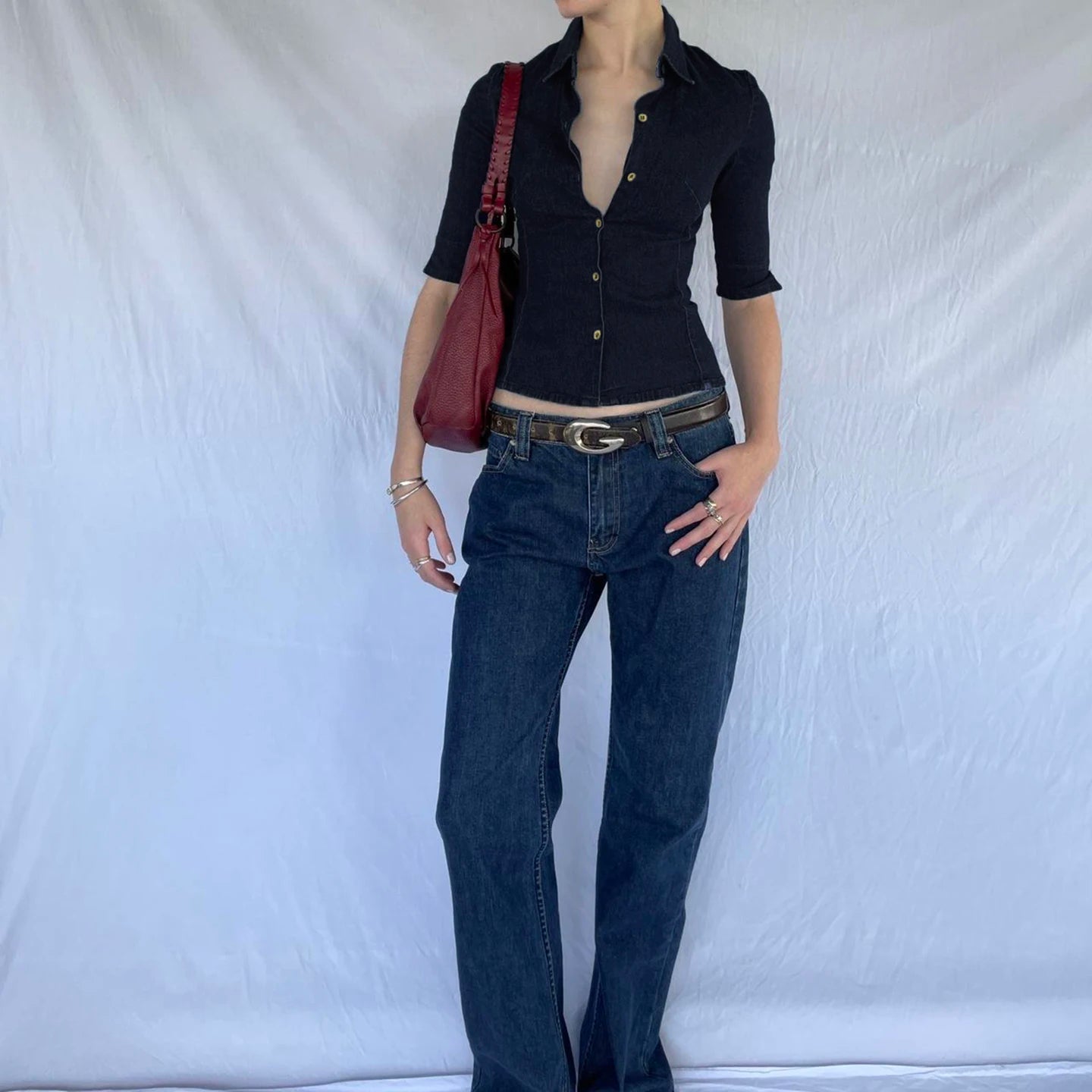 Women's Blue Office Shirt, Denim - Look Button Down Top with Mid - Sleeve, Fitted Career Wear Blouse - Zeprah