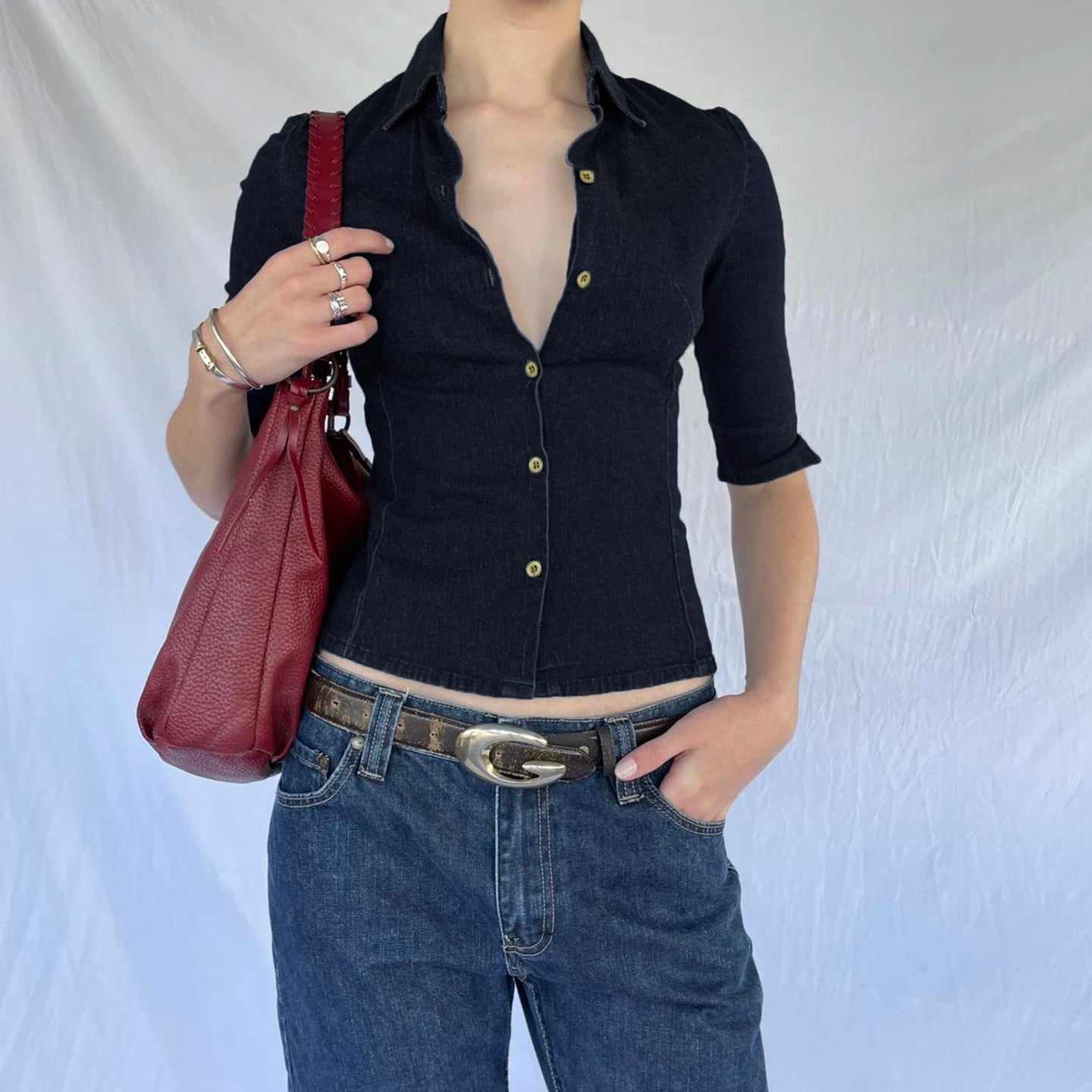 Women's Blue Office Shirt, Denim - Look Button Down Top with Mid - Sleeve, Fitted Career Wear Blouse - Zeprah