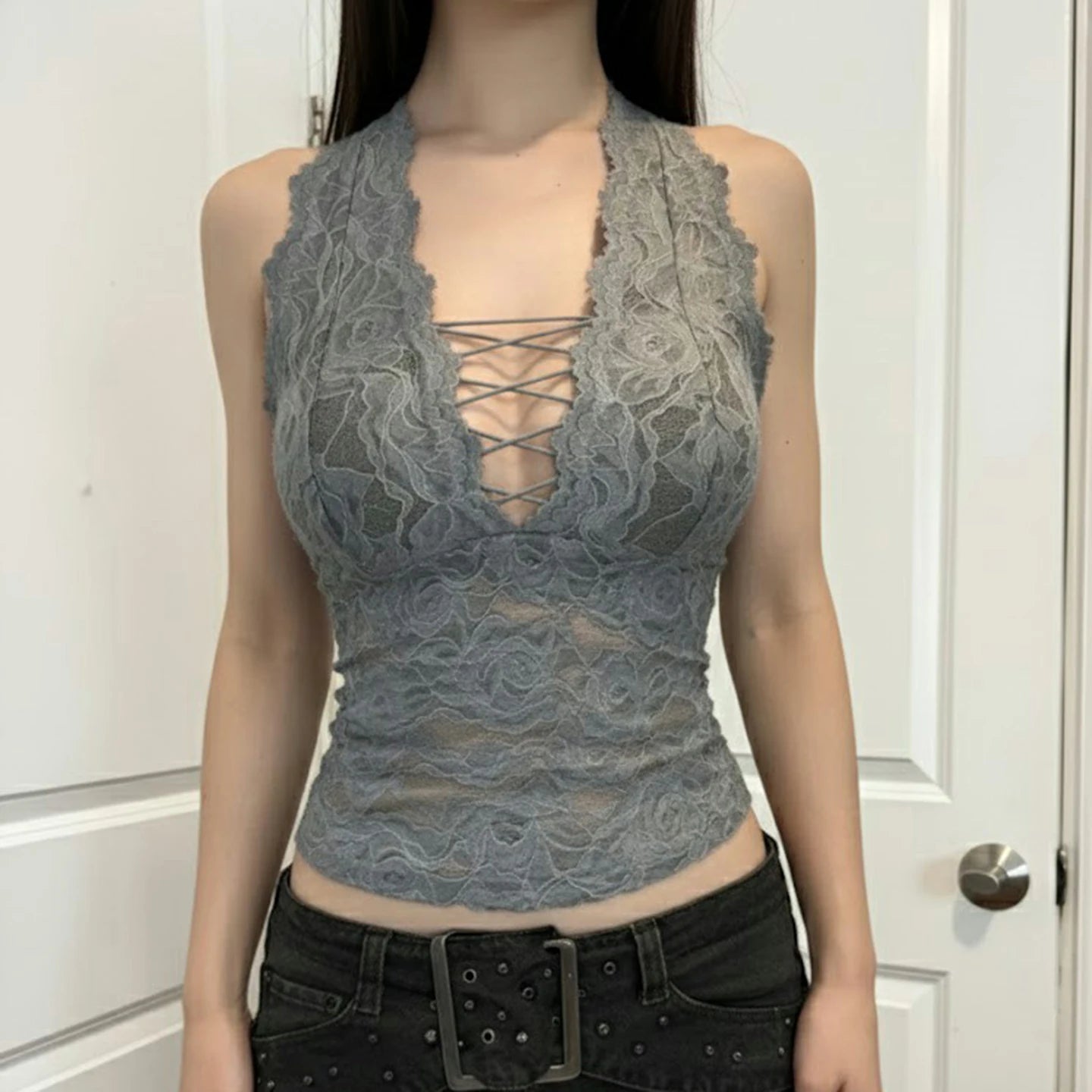 Women's Breathable Eco - Friendly Lace Slim Fit Tank Top V - Neck Tie - Front Backless Sexy Summer Tops for Party Night Vacation - Zeprah