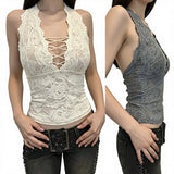 Women's Breathable Eco - Friendly Lace Slim Fit Tank Top V - Neck Tie - Front Backless Sexy Summer Tops for Party Night Vacation - Zeprah