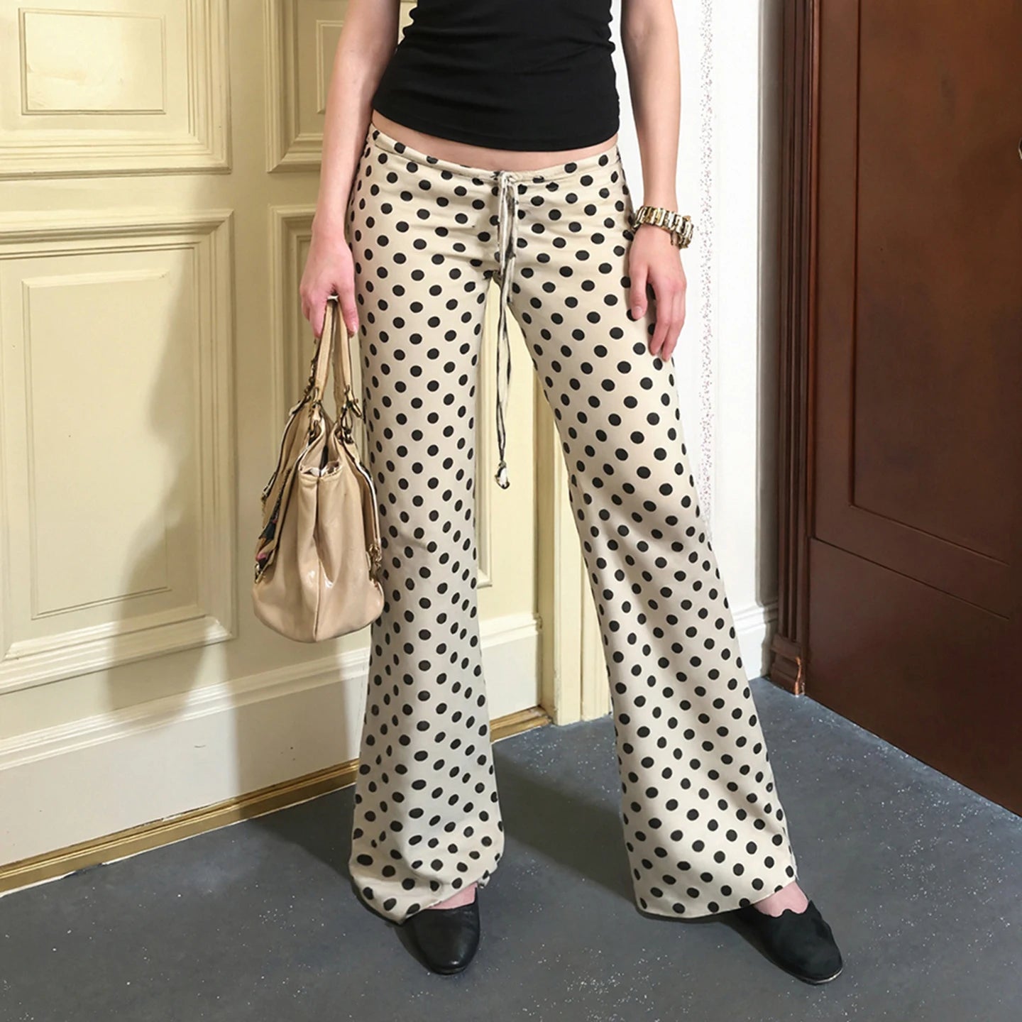 Women's Breathable Flat Front Low Waist Dot Print Drawstring Yoga Pants Casual Sportswear Joggers for Gym Fitness - Zeprah