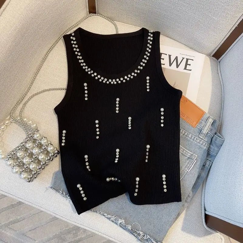 Women's Breathable Rhinestone Knitted tank Top Sleeveless Crop Top Women's Camisole - Zeprah
