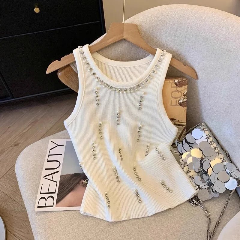 Women's Breathable Rhinestone Knitted tank Top Sleeveless Crop Top Women's Camisole - Zeprah