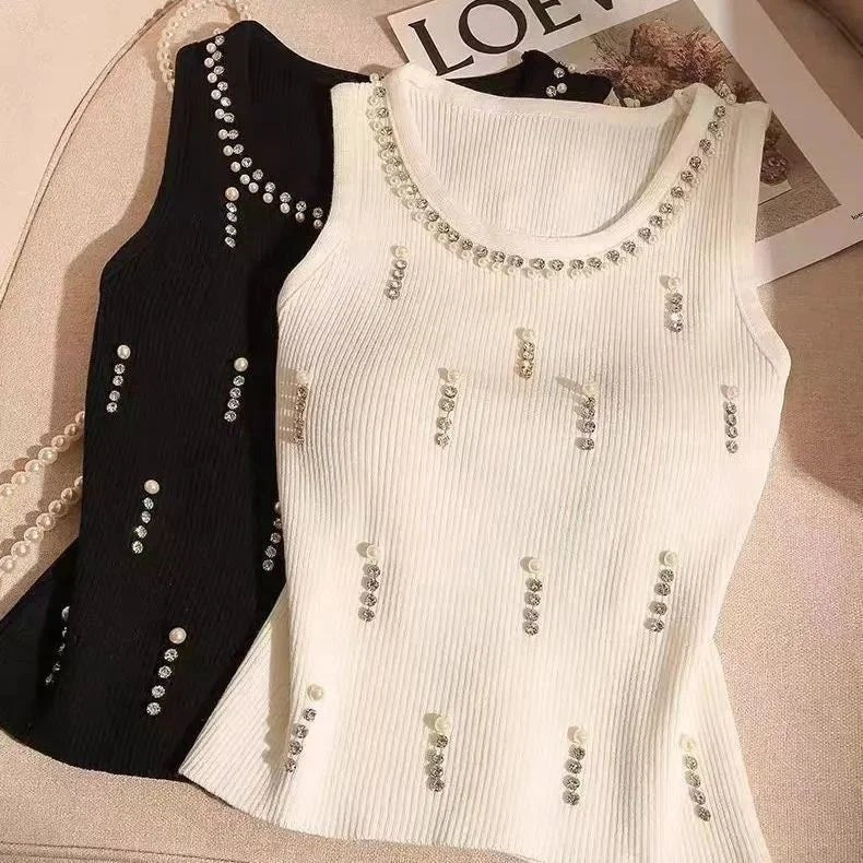 Women's Breathable Rhinestone Knitted tank Top Sleeveless Crop Top Women's Camisole - Zeprah