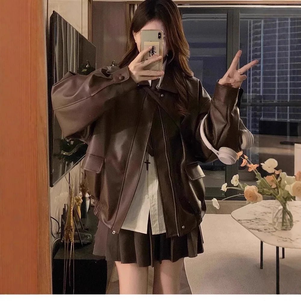 Women's Brown Leather Jacket Autumn Korean Style 2025 New Arrival Hot Cool Girl Motorcycle Loose Long Sleeve Jacket Top - Zeprah