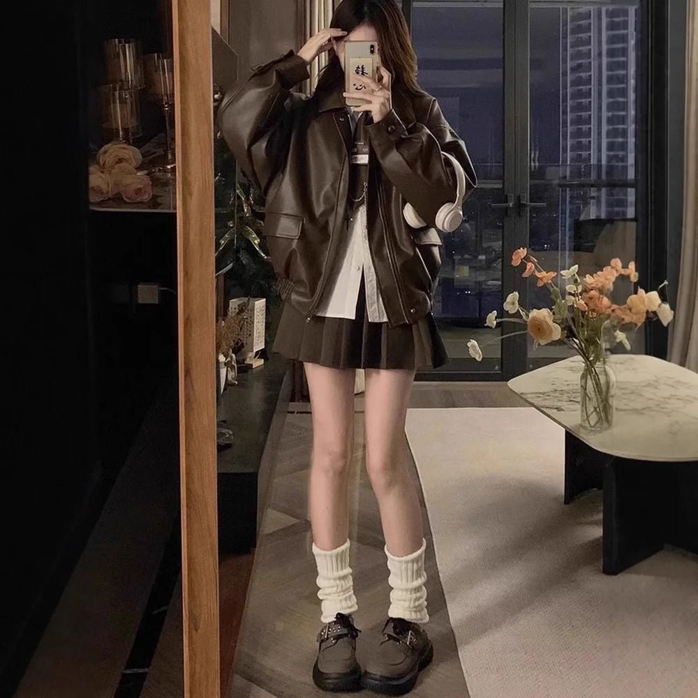 Women's Brown Leather Jacket Autumn Korean Style 2025 New Arrival Hot Cool Girl Motorcycle Loose Long Sleeve Jacket Top - Zeprah