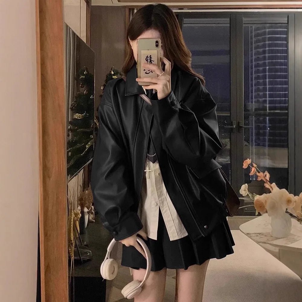 Women's Brown Leather Jacket Autumn Korean Style 2025 New Arrival Hot Cool Girl Motorcycle Loose Long Sleeve Jacket Top - Zeprah
