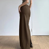 Women's Brown Patchwork Skirt Vintage Elegant A - Line Maxi Anti - Wrinkle Spandex/Polyester Slim Fit - Zeprah