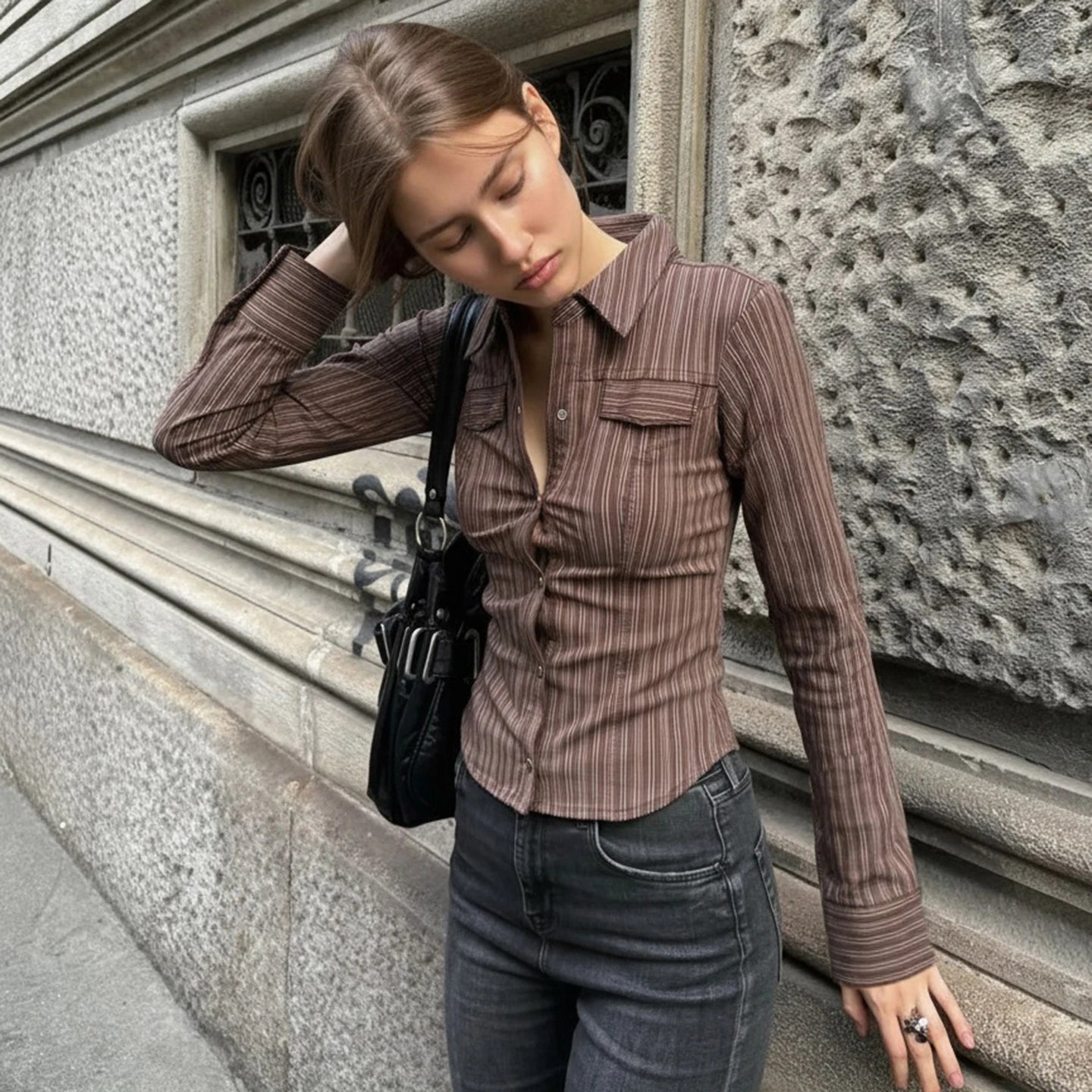 Women's Brown Striped Vintage Skinny Blouse Retro Button Down Long Sleeve Woven for Fall Office Casual Wear - Zeprah