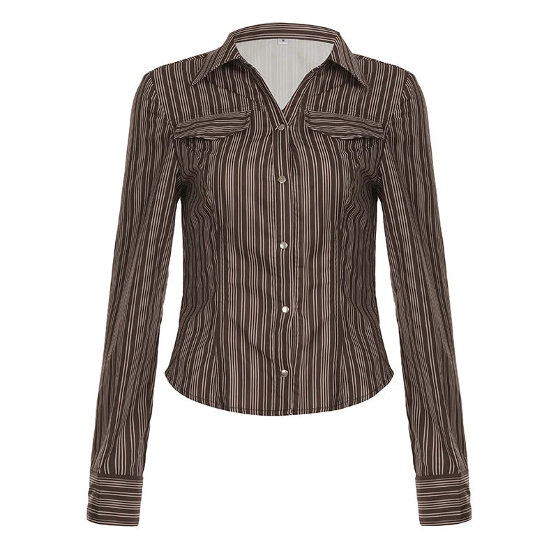 Women's Brown Striped Vintage Skinny Blouse Retro Button Down Long Sleeve Woven for Fall Office Casual Wear - Zeprah