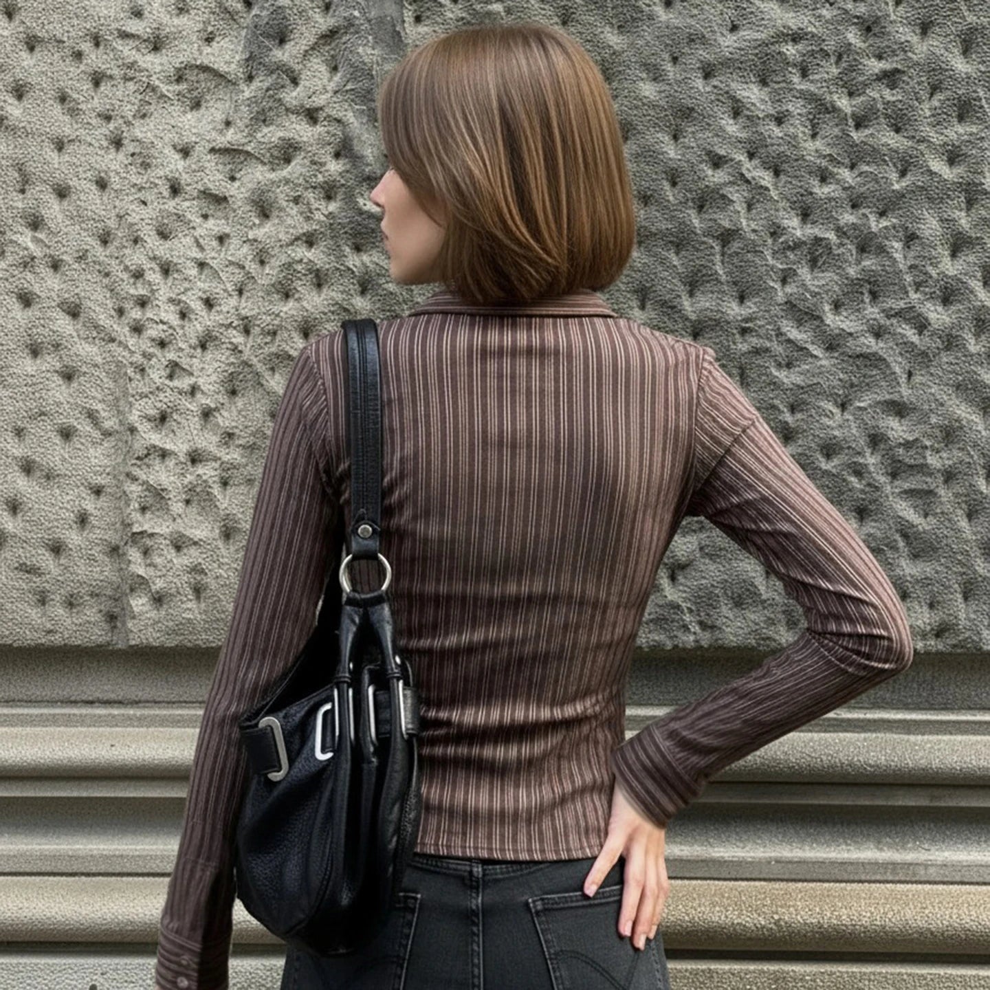 Women's Brown Striped Vintage Skinny Blouse Retro Button Down Long Sleeve Woven for Fall Office Casual Wear - Zeprah